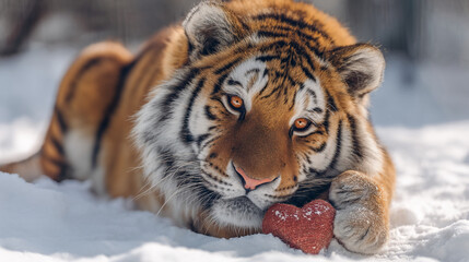 Obraz premium Majestic Tiger Resting in Snow with a Red Heart Shape for Valentine