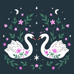 A magical poster featuring symmetrically arranged swans. Vector graphics.