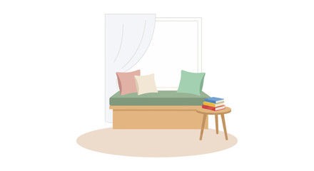 Minimalist bedroom interior with colorful bedding pillows wooden nightstand and lamp for simple modern home decor design concept