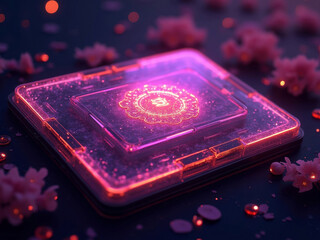 A radiating pink, open-sided rectangular object with an intricate core design surrounded by scattered red objects in darkness, creating a vibrant artistic or abstract scene - AI-Generated