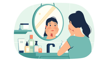 Woman looking at mirror reflection applying skincare products for beauty routine self care and personal grooming illustration vector concept