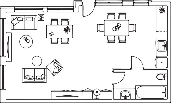  Compact open-plan apartment layout with living, dining, kitchen, and a separate bathroom