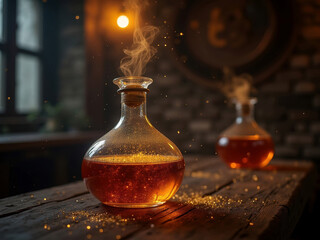 Close-up of three bottles, filled with amber liquid possibly wine, whiskey, or liqueur, arranged in a symmetrical composition against a dark, rustic background Bottles illuminated fr - AI-Generated