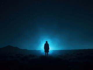 A lone figure stands in a dark, starry night landscape The person is silhouetted against a bright, blue-green light source, possibly a portal on the right Landscape is flat with spars - AI-Generated