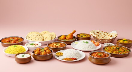 Vibrant Indian Food Feast: Assorted Curries, Basmati Rice, Naan, and Roti on a Pink Background