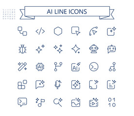 Ai line vector icon set. Artificial intelligence outline icons.