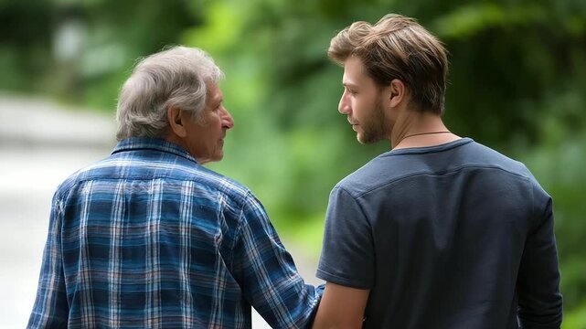 Father and adult son walking together outdoors, intergenerational relationship, family bonding time, casual stroll, parent-child connection, natural environment, with copy space