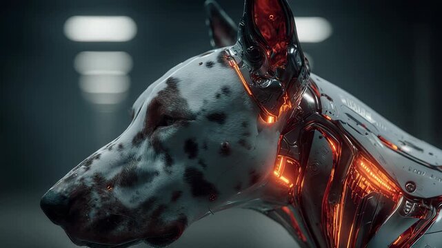 Close-up portrait of a Dogo Argentino dog head, detailed fur texture, intense gaze, studio lighting, canine portrait, powerful breed.