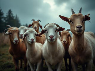 Close-up portrait of a group of white, brown, and black goats on a grassy hillside under a cloudy sky Soft shadows, naturalistic style - AI-Generated