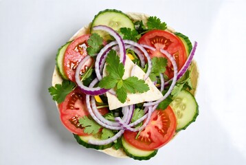 Colorful Fresh Vegetable Salad in Tortilla Bowl with Cucumbers, Tomatoes, Onions, and Green Herbs - Healthy Vegetarian Dish with Organic Ingredients and Nutrition Rich Garnish for a Light Diet Meal