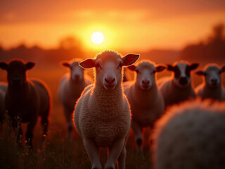 A photograph showcases a group of sheep silhouetted against an orange sunset, with sheen on their wool reflecting the light The perspective is from ground level looking up - AI-Generated