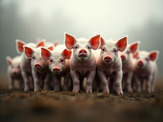 Nine young pigs huddled on a dirt ground, facing forward with noses pointing, in a misty background Aligned, pink and white bodies, small ears, prominent eyes, short fur, soft lighting - AI-Generated