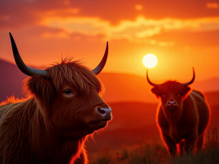 Two Scottish longhaired cattle standing on a hillside, silhouetted against a warm orange and golden yellow dusk sky Grassland landscape provides simple backdrop Realistic style with e - AI-Generated