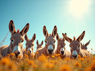 Six calm donkeys on a grassy field with wildflowers, primarily yellow Brown donkeys in various shades under warm midday sunlight No man-made structures or texts Focus on animal portr - AI-Generated