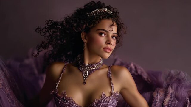 Elegant woman in tulle gown, captivating portrait showcasing beauty, fashion, luxury, and ethereal grace in a studio setting.