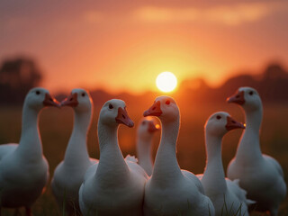 Peaceful sunset scene, white ducks scattered in a dry field, varying positions, orange to pink sky, long shadows, naturalistic style - AI-Generated