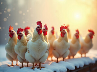 Seven brown chickens with red combs crossing snowy landscape, natural outdoor setting, warm glow, long shadows, soft contrasts, high angle perspective - AI-Generated