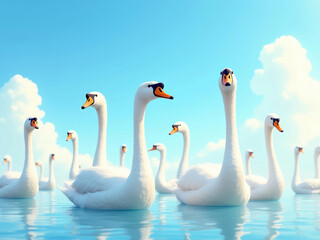 Eight adult swans and one young bird floating diagonally on a light blue body of water against a bright sky - AI-Generated