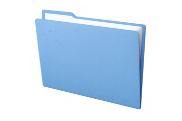 Blue file folder icon showing document storage, data organization, and digital information management on a transparent background