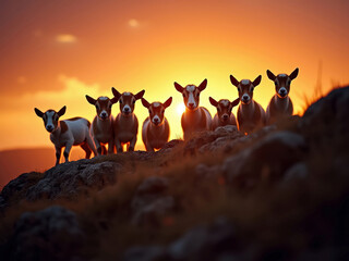 Seven sheep standing in a line, facing left, arranged before a cliff during sunset Warm lighting with orange and pink hues Rugged landscape below the cliff - AI-Generated
