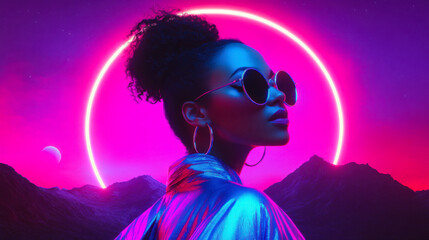 Striking neon portrait of a young woman with sunglasses against a vibrant cosmic background at night