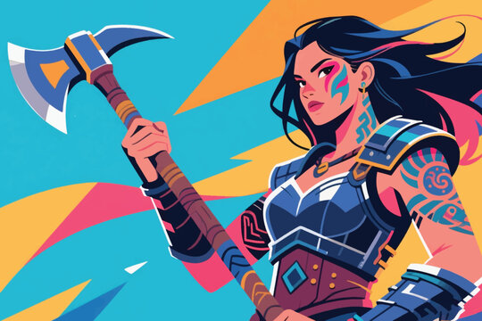 Tattooed warrior woman with double headed axe in blue metallic armor and dynamic abstract background.