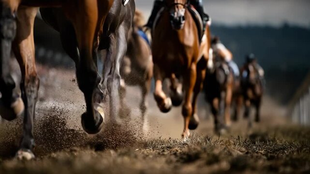 Powerful Chestnut Horse Galloping Across Dusty Field, Motion Blur, Dynamic Action, Equine Strength, Rural Landscape, Sport Photography.