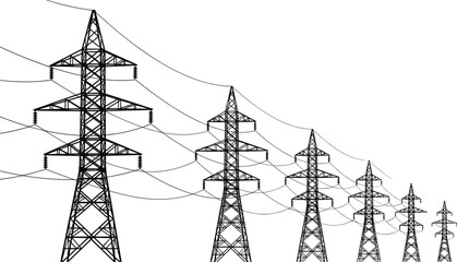 High voltage power transmission towers line art illustration with electricity pylons and overhead cables industrial energy infrastructure design © Sophia Creatives