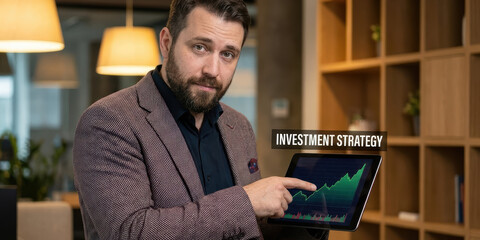 Financial graph growth strategy investment business businessman online plan blue background analysing on digital tablet in modern office interior for success concept