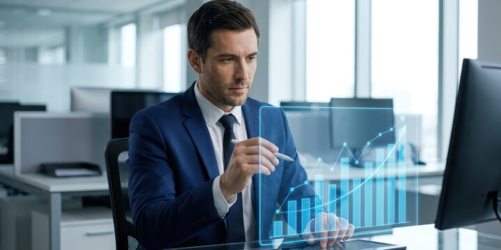Financial graph growth strategy investment business businessman online plan blue background analysing data on virtual screen in modern office - Powered by Adobe