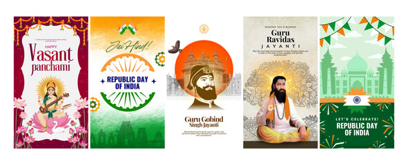 Collection of indian festive and national day celebration posters and greetings