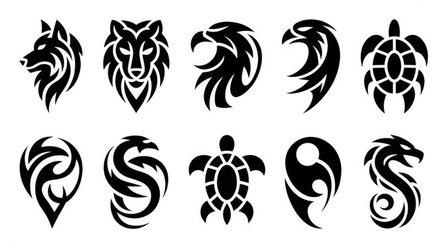 tribal animal tattoo set, collection of 10 different tribal animal tattoos (wolf, lion, eagle, turtle, dragon) JPEG File