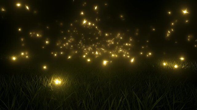 Enchanting field of fireflies at night, illuminating the grass with their magical glow