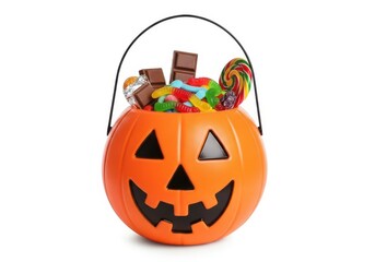 Orange jack o lantern candy bucket filled with halloween treats isolated on white background
