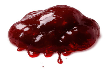 Red fruit jam dripping and splattering on a transparent background, shiny berry sauce texture