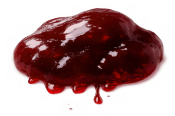 Red fruit jam dripping and splattering on a transparent background, shiny berry sauce texture