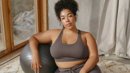 Woman of athletic build sits on an exercise ball a meditative pause after a workout or preparing for training.