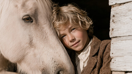 Boy next to a horse peeks into the stall a gentle contact between child and animal.