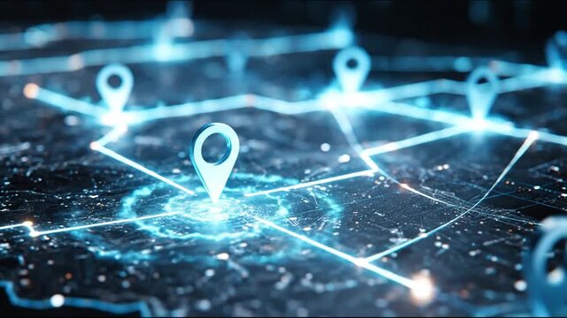 Network map with glowing blue pins, interconnected rings, and shimmering holographic nodes. in view!