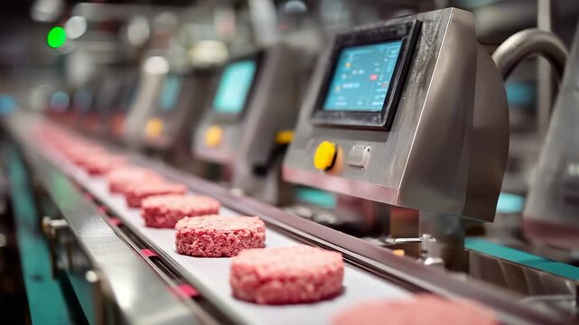 Ground Beef Patties on Conveyor Belt &ndash; Food Processing Line in a Modern Meatpacking Plant.