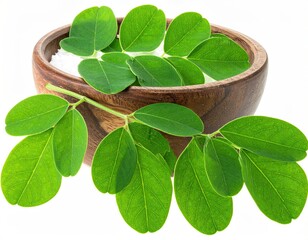 Close-up of green leaves over a wooden bowl with white substance