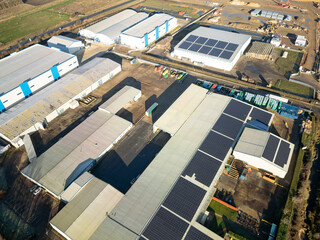 Interesting UAV view of modern industrial buildings seen on the outskirts of the town of Chatteris, Cambridgeshire, UK. The industrial zone is a large employer to the market town. © Nick Beer