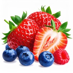 Vibrant close-up of mixed berries strawberries, blueberries, and a raspberry