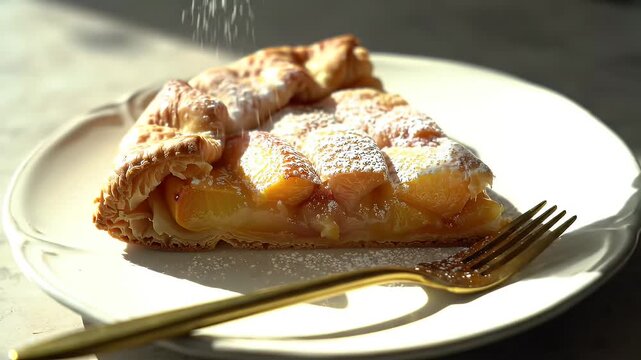 A Golden Peach Tart On A White Plate With Flaky Crust And Glazed Slices