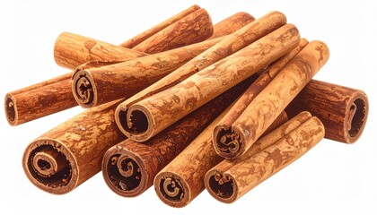Close-up of a pile of cinnamon sticks, brown and textured, on white
