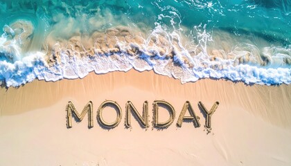Overhead view of "Monday" written in sand at the ocean's edge