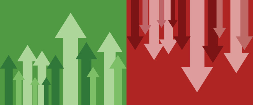 Up and down arrow comparison background. Business growth versus decline concept with green upward and red downward arrows. Financial performance, profit, loss and market trend illustration