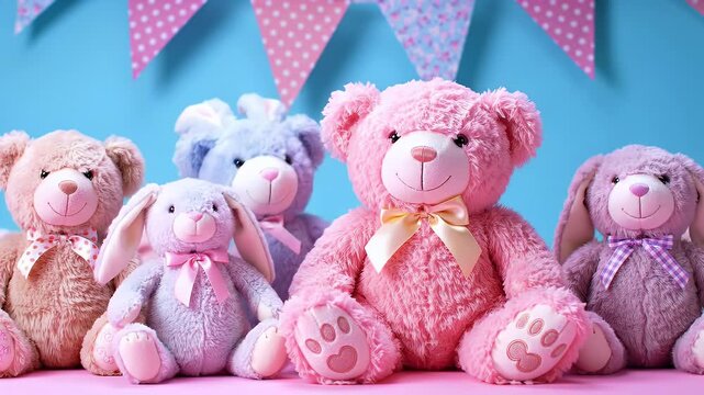 A row of pastel-colored teddy bears under a pennant bunting banner in pastel tones