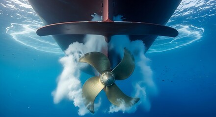 Underwater Ship Propeller: Close-up View of Rotating Blades, Creating Bubbles and Wake in Blue Ocean Water.