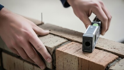 Mason's hands using a level on bricks during construction.